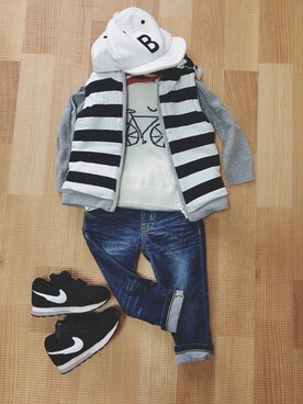 「アイテム（ダウンベスト、その他）」を使った、Rさん（キッズ・80cm）の春コーディネート