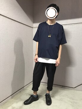 「ネイビー×ホワイト」｜「アイテム（その他シューズ）」を使った、西鼠さん（メンズ・161cm）の夏コーディネート