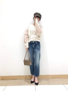 「URBAN RESEARCH ROSSO WOMEN（アーバンリサーチ　ロッソ）の刺繍ニットプルオーバー（ニット/セーター、ピンク系）」を使った、miuさん（レディース・159cm）の秋コーディネート