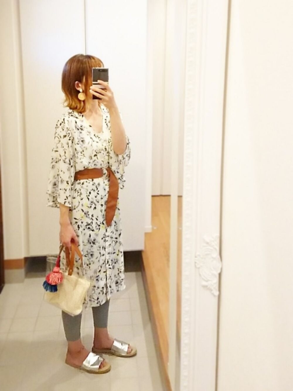 「ママコーデ、プチプラ、夏コーデ、ビアガーデン、花柄、花柄ワンピース、レギンス、クリアバッグ、ハンドメイド、handmade」｜「Handmadeのアイテム（ハンドバッグ、その他）」を使った、Fukuco✯さん（レディース・164cm）の夏コーディネートの1枚目の写真