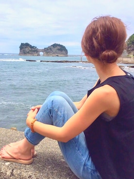 「ハイウエストパンツ」｜「アイテム（ビーチサンダル）」を使った、minichieさん（レディース・151cm）の夏コーディネート