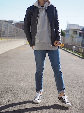 「ベロア」｜「アイテム（ライダースジャケット）」を使った、りょうさん（メンズ・174cm）の秋コーディネート