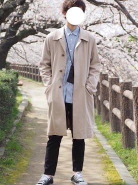「アイテム（ステンカラーコート）」を使った、りょうさん（メンズ・174cm・20代）の春コーディネート