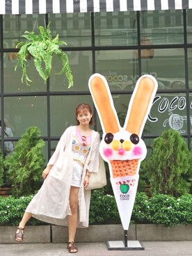 「NICE CLAUP（ナイスクラップ）のアイテム（Tシャツ/カットソー、ピンク系）」を使った、肥腻腻さん（レディース・163cm）の夏コーディネート