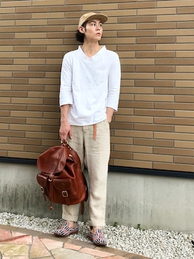 「Hender Scheme（エンダースキーマ）のアイテム（帽子）」を使った、mino さん（メンズ・168cm）の夏コーディネート