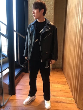 「アイテム（ライダースジャケット）」を使った、hyshmt04さん（メンズ・180cm）の冬コーディネート