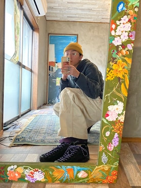 「ロングヘア」｜「アイテム（ニットキャップ/ビーニー）」を使った、99'28'03Kさん（メンズ・174cm）の冬コーディネート