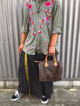「LOUIS VUITTON（ルイヴィトン）のLouis Vuitton Vintage 'Speedy 30' tote（トートバッグ、グリーン系）」を使った、いぶきさん（メンズ・174cm）の夏コーディネート
