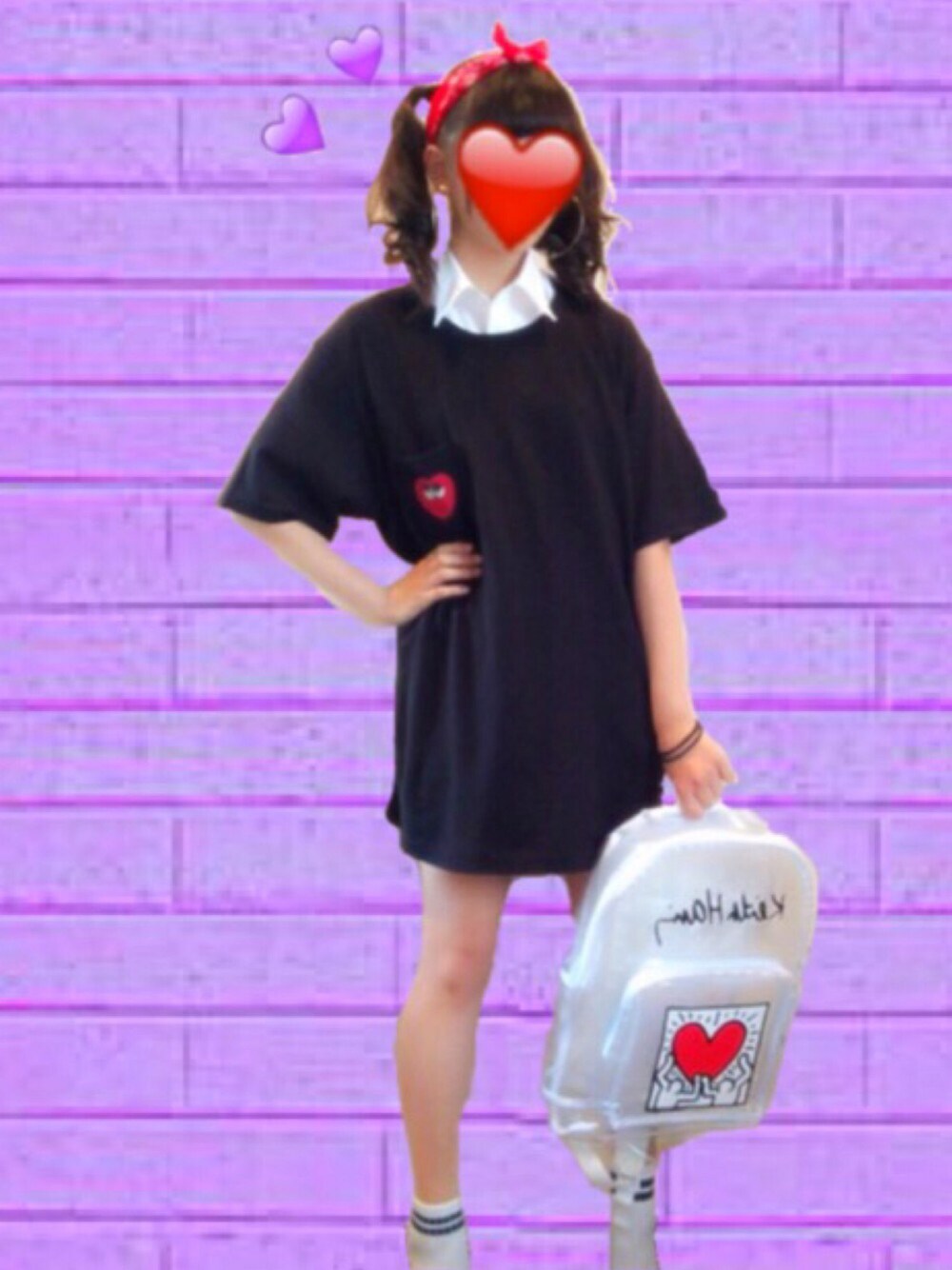 「夏、黒、原宿、 ユニクロ」｜「Keith Haringの∴WEGO/Keith Haring(キースヘリング)クリアリュック（バックパック/リュック、ホワイト系）」を使った、Wakana☪︎ さん（レディース・153cm）の夏コーディネートの1枚目の写真