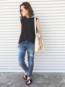 「Ungrid（アングリッド）のフレイドヘムストスリ（デニムパンツ）」を使った、shoco◡̎⃝♡さん（レディース・151cm）の夏コーディネート