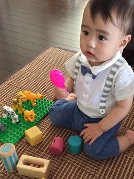 「petit main（プティマイン）のアイテム（Tシャツ/カットソー、ホワイト系）」を使った、かんちゃんさん（キッズ・80cm）の夏コーディネート