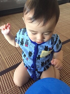 「Birthday（バースデイ）のアイテム（ロンパース、ブルー系）」を使った、かんちゃんさん（キッズ・80cm）の夏コーディネート