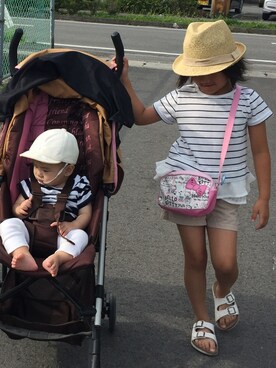 「BIRKENSTOCK kids（ビルケンシュトック　キッズ）のアイテム（サンダル、ホワイト系）」を使った、かんちゃんさん（キッズ・80cm）の夏コーディネート