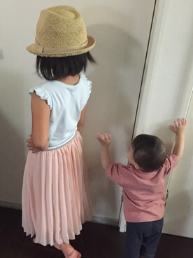 「petit main（プティマイン）のアイテム（タンクトップ、ブルー系）」を使った、かんちゃんさん（キッズ・80cm）の夏コーディネート