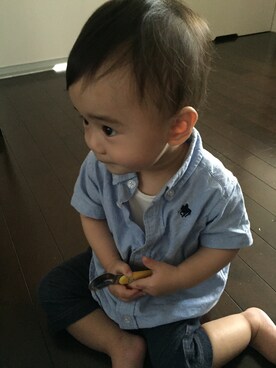 「POLO babyのアイテム（シャツ/ブラウス、ブルー系）」を使った、かんちゃんさん（キッズ・80cm）の夏コーディネート