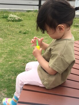 「GAP（ギャップ）のアイテム（デニムパンツ、ピンク系）」を使った、かんちゃんさん（キッズ・80cm）の夏コーディネート
