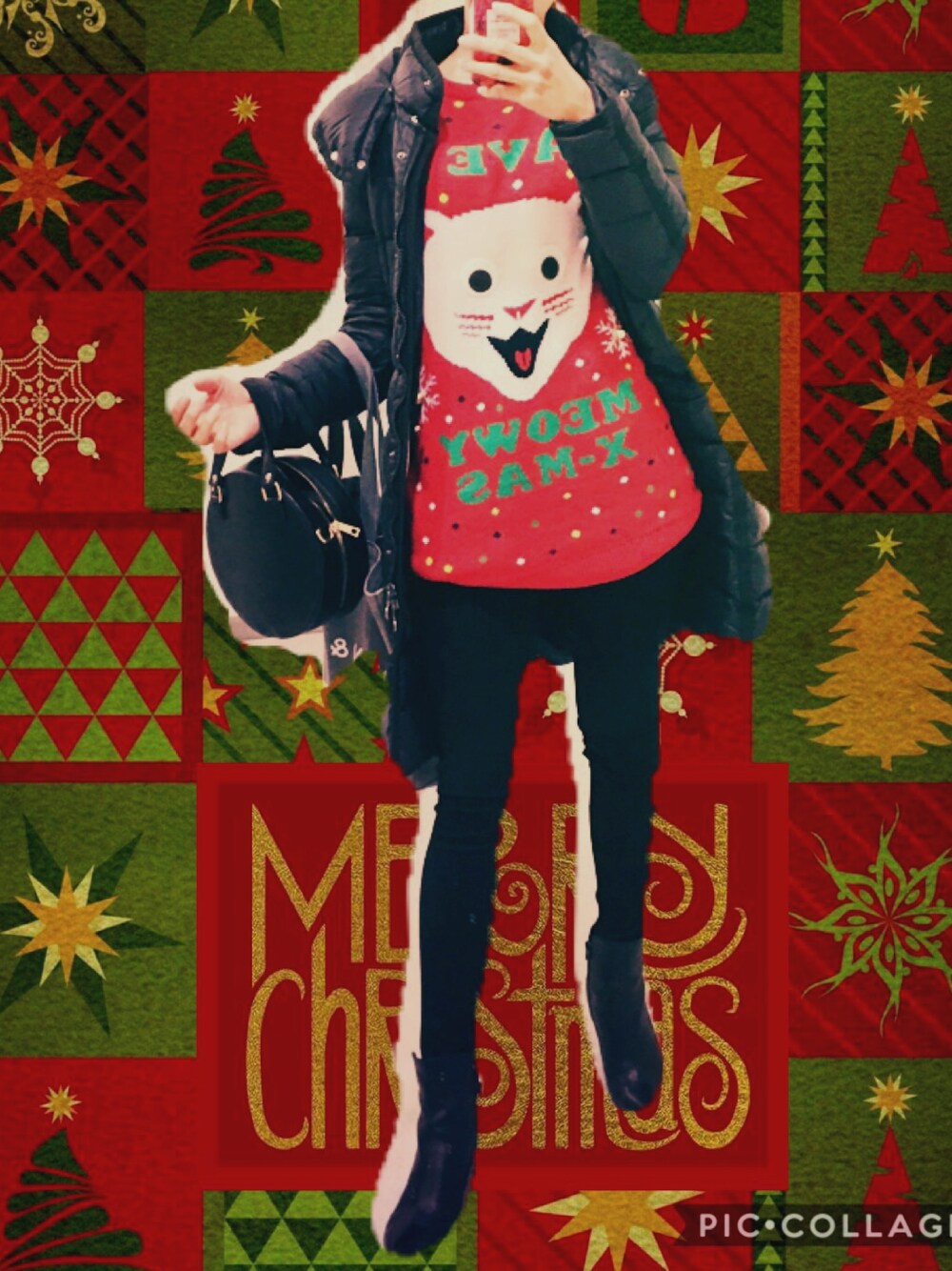 「uglysweater、アグリーセーター、スキニーパンツ、ブラック、redsweater、shortboots、ショートブーツ」｜「H&Mのアイテム（ニット/セーター、レッド系）」を使った、Mitsuさん（レディース・159cm）の冬コーディネートの1枚目の写真