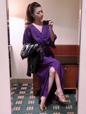 「スリットワンピース」｜「アイテム（ライダースジャケット）」を使った、shiokoさん（レディース・155cm）の春コーディネート