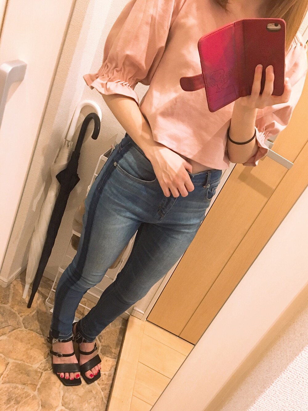 「パンツコーデ、低身長コーデ、花火大会、夏」｜「MURUAのギャザースリーブワイドＶ ＴＯＰＳ（Tシャツ/カットソー、ピンク系）」を使った、aiさん（レディース・152cm）の夏コーディネートの1枚目の写真