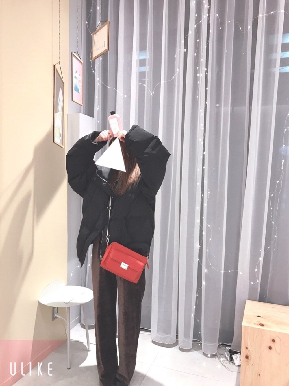 「渋谷、表参道、原宿、カフェ巡り、Cafe no.、リブパンツ、ダウンジャケット、プチプラコーデ、チョコ色に染まれ」｜「GOGOSINGのアイテム（ダウンジャケット/コート、ブラック系）」を使った、aiさん（レディース・152cm）の冬コーディネートの1枚目の写真