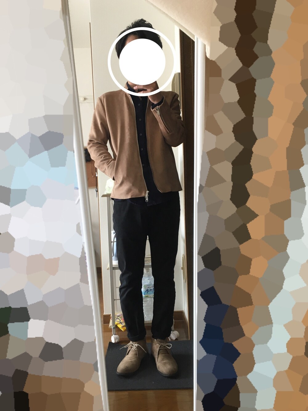 「低身長、スウェード、ライダース、チャッカブーツ、プチプラ、ベージュ、秋冬コーデ、おしゃれさんと繋がりたい、きれいめカジュアル、カジュアルコーデ」｜「GUのアイテム（ブーツ、ベージュ系）」を使った、いのっちさん（メンズ・167cm）の秋コーディネートの1枚目の写真