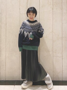 「earth music&ecology（アースミュージックアンドエコロジー）のフェイクレザープリーツスカート ＊（スカート）」を使った、ChiChiさん（レディース・149cm）の冬コーディネート
