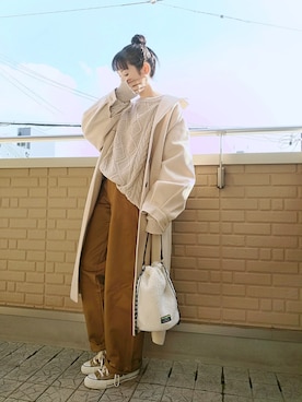 「アイテム（ステンカラーコート、ホワイト系）」を使った、k(ani)さん（レディース・161cm）の秋コーディネート