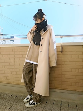 「アイテム（ステンカラーコート、ホワイト系）」を使った、k(ani)さん（レディース・161cm）の冬コーディネート