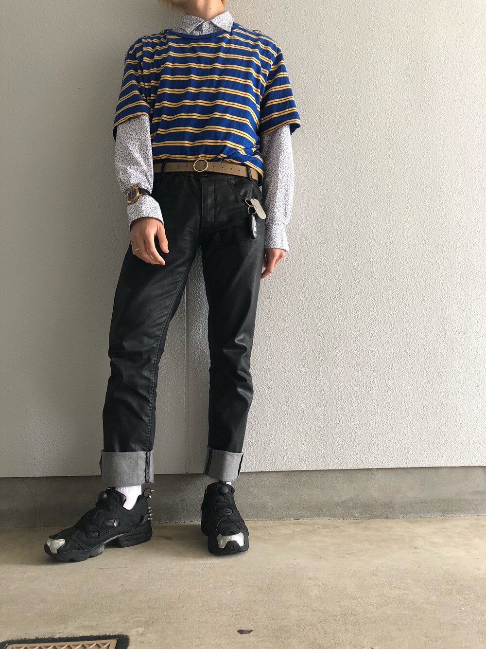 「H&M、UNIQLO、used、古着、graniph、reebok、ootd、プチプラ、レイヤードスタイル、ボーダー」｜「H&Mのアイテム（Tシャツ/カットソー、ブルー系）」を使った、takexさん（メンズ・175cm）の春コーディネートの1枚目の写真