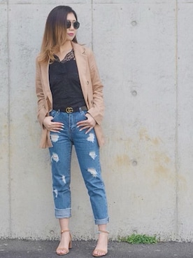 「アイテム（キャミソール、ブラック系）」を使った、かえぽんさん（レディース・161cm）の春コーディネート