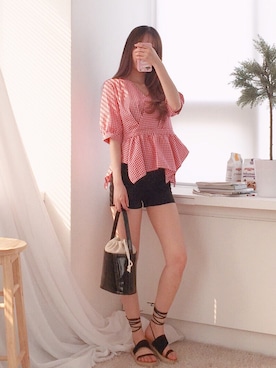 「ギンガムチェックシャツ」｜envylookさん（レディース・165cm）の夏コーディネート