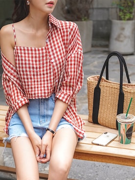 「ギンガムチェックシャツ」｜envylookさん（レディース・165cm）の夏コーディネート
