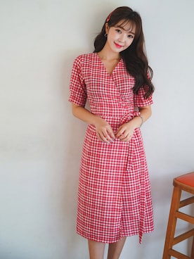 「アイテム（ワンピース/ドレス、レッド系）」を使った、envylookさん（レディース・165cm）の夏コーディネート