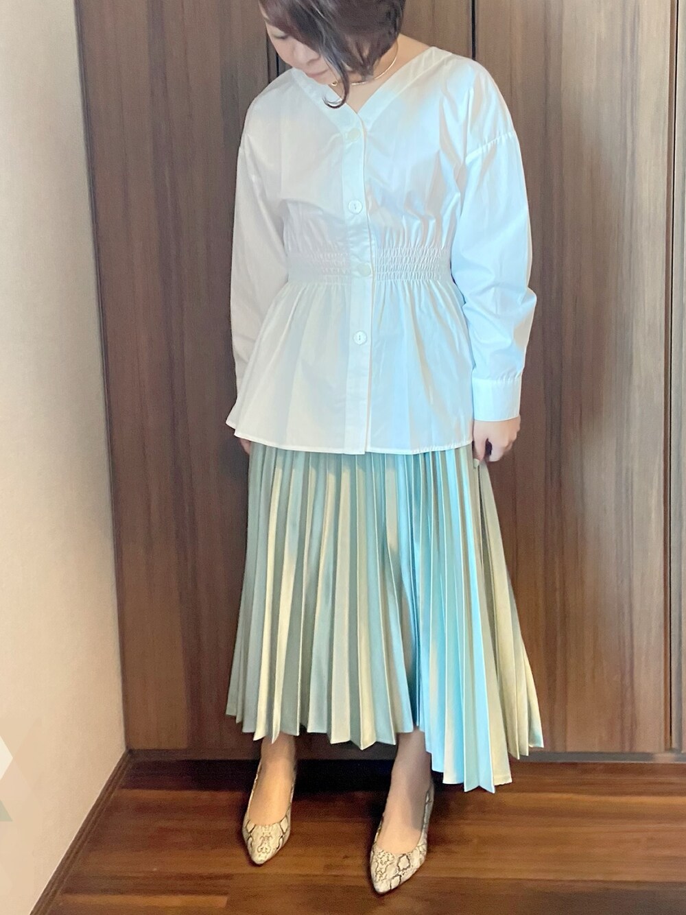 「パステル映える春、大人女子、おしゃれさんと繋がりたい、低身長、スカート、ワーママコーデ、ZARA、春コーデ」｜「ZARAのアイテム（スカート、グリーン系）」を使った、Sachikoさん（レディース・154cm）の春コーディネートの1枚目の写真