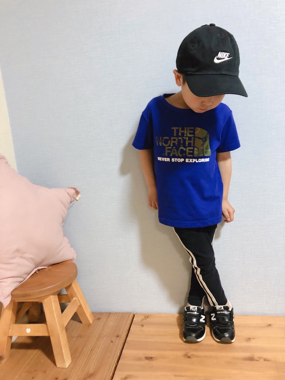 「平成最後のWEARISTAセンバツ、キッズコーデ、キッズファッション、むすこーで、おしゃれさんと繋がりたい、男の子コーデ、春コーデ、ノースフェイス、ラインパンツ、ナイキ」｜「NIKEのナイキ ヘリテージ86 キッズ アジャスタブル キャップ（キャップ、ブラック系）」を使った、Star...★さん（キッズ・110cm）の春コーディネートの1枚目の写真