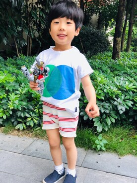 「PETIT BATEAU（プチバトー）のアイテム（Tシャツ/カットソー、ホワイト系）」を使った、Angeldengさん（キッズ）の夏コーディネート