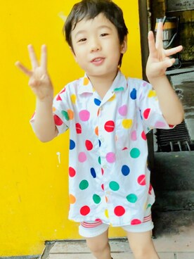「BOBO CHOSES（ボボショーズ）のアイテム（シャツ/ブラウス、ホワイト系）」を使った、Angeldengさん（キッズ）の夏コーディネート