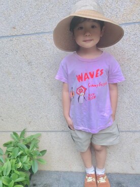 「BOBO CHOSES（ボボショーズ）のアイテム（Tシャツ/カットソー、ピンク系）」を使った、Angeldengさん（キッズ）の夏コーディネート