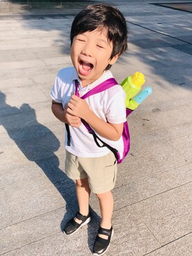 「PETIT BATEAU（プチバトー）のアイテム（Tシャツ/カットソー、ホワイト系）」を使った、Angeldengさん（キッズ）の夏コーディネート