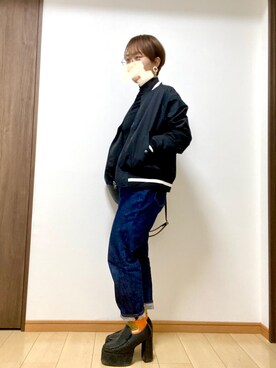 「TRIANGLE PALETTE（トライアングルパレット）のアイテム（スタジャン）」を使った、ただの民子さん（レディース・149cm）の春コーディネート
