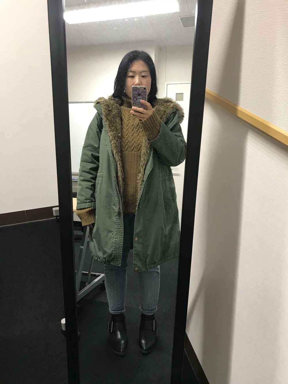 「極寒！、プラスサイズ、カジュアル」｜「GUのアイテム（モッズコート、グリーン系）」を使った、流石さん（レディース・159cm）の冬コーディネートの1枚目の写真