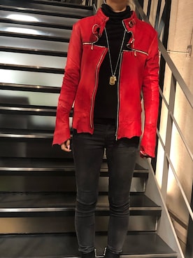 「アイテム（ライダースジャケット、レッド系）」を使った、Sayuka Haginoさん（レディース・160cm）の冬コーディネート