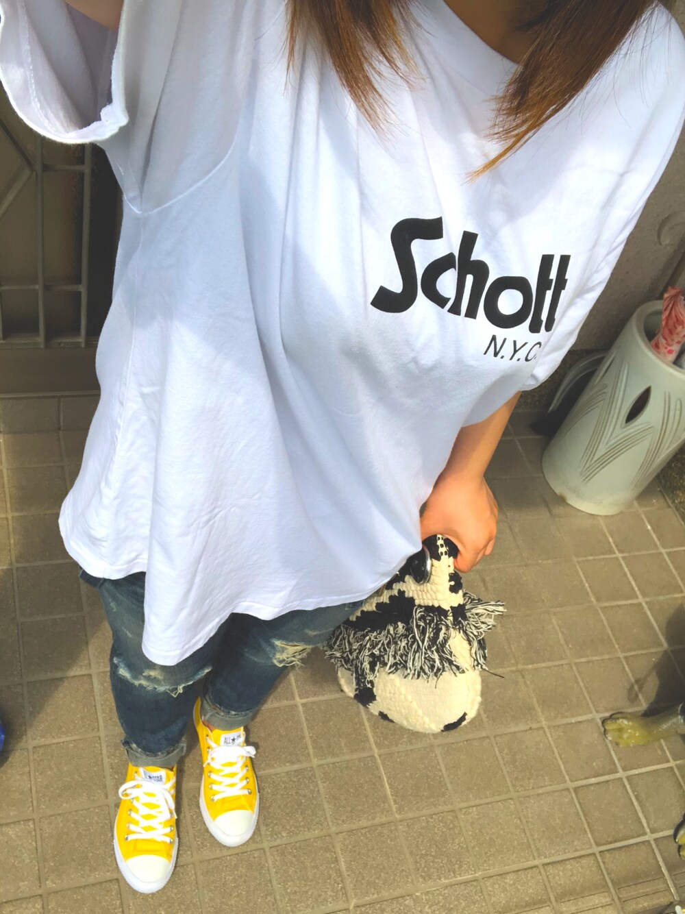 「schottのSchott別注 ビッグTee（Tシャツ/カットソー、ホワイト系）」を使った、Chamさん（レディース・155cm）の夏コーディネートの1枚目の写真