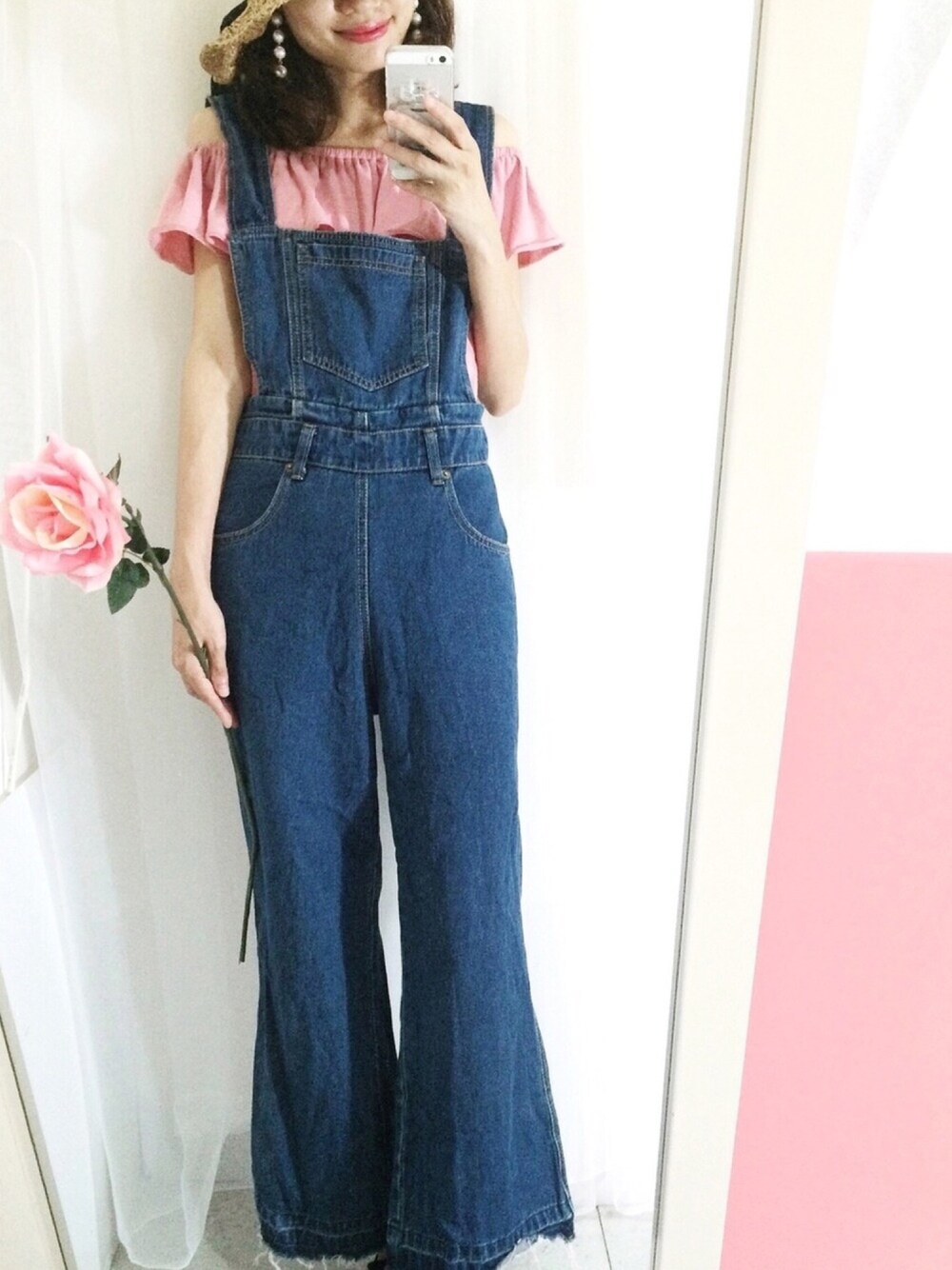 「summer、offshoulder、denim、overall、PAZZO、Taiwan」｜「PAZZOのアイテム（サロペット/オーバーオール、ブルー系）」を使った、mavissさん（レディース・160cm）の夏コーディネートの1枚目の写真