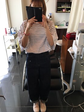 「GU（ジーユー）のアイテム（デニムパンツ、ブルー系）」を使った、Yu...さん（レディース・156cm）の夏コーディネート