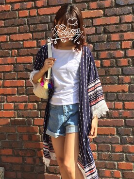 「Bershka（ベルシュカ）のアイテム（Tシャツ/カットソー、ホワイト系）」を使った、by RUMIEREさん（レディース）の夏コーディネート