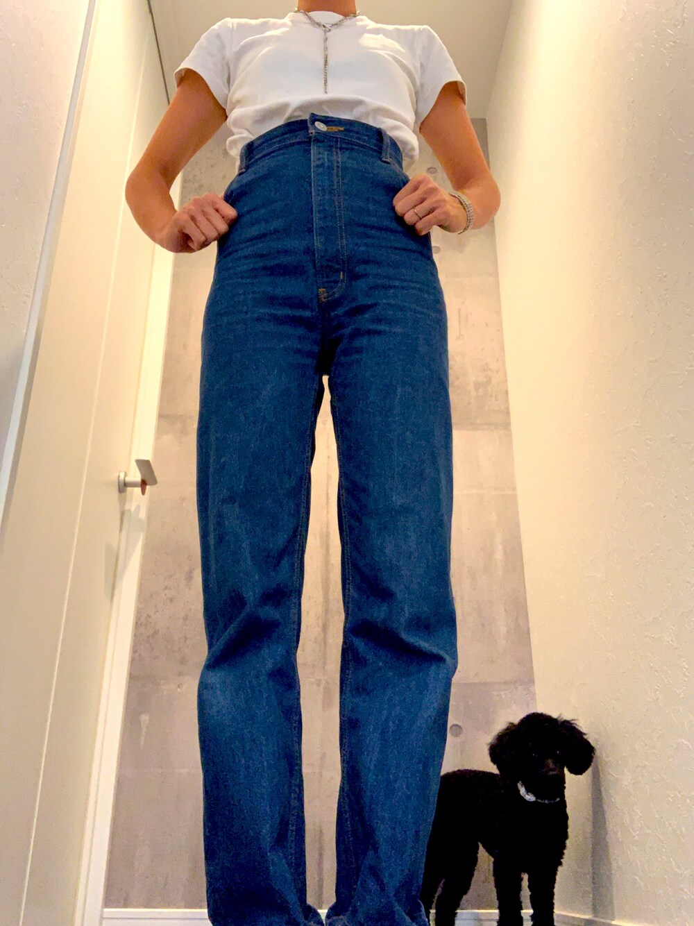 「ハイウエストデニム、トイプードル」｜「MOUSSYのアイテム（デニムパンツ、ブルー系）」を使った、aica??さん（レディース・163cm）の秋コーディネートの1枚目の写真