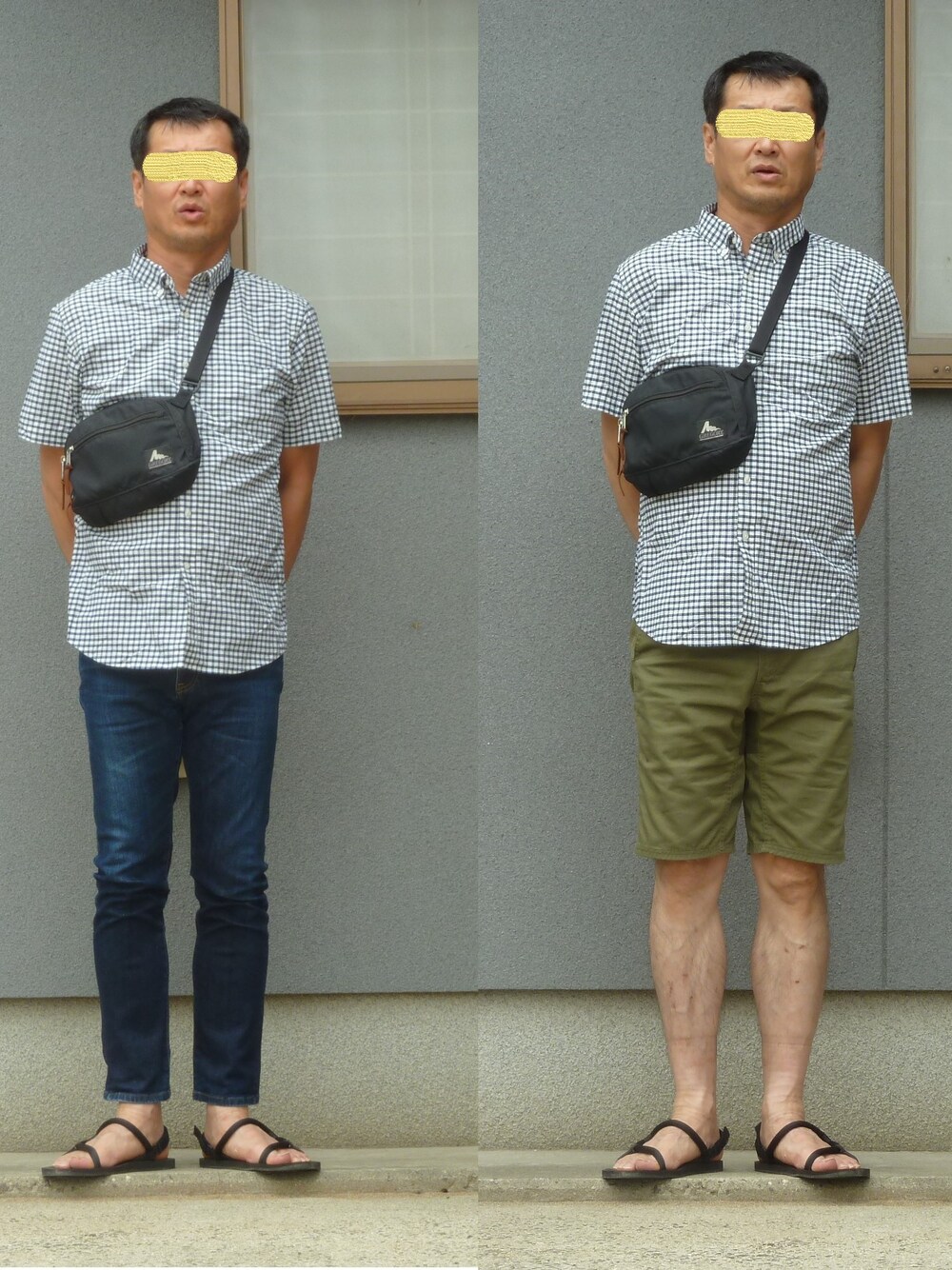 「UNIQLOのドライストレッチシアサッカーチェックシャツ（半袖）（シャツ/ブラウス、ブルー系）」を使った、ひろさん（メンズ・181cm）の夏コーディネートの1枚目の写真