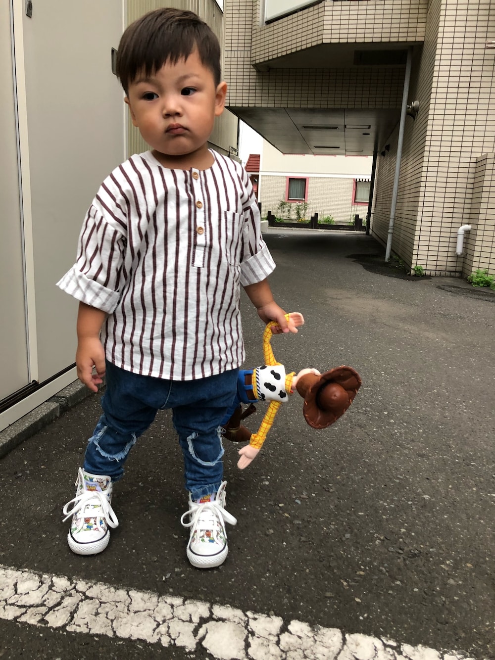 「キッズコーデ、シンプル、おとこのこ、男の子コーデ、むすこーで、韓国ファッション、2歳、トイストーリー、ストライプ」｜「BUZZも一緒だよ( ・∇・)のアイテム（その他雑貨、その他）」を使った、TOKIHIROさん（キッズ・90cm）の夏コーディネートの1枚目の写真