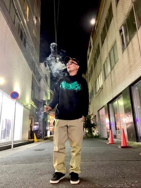「playerのアイテム（パーカー、ブラック系）」を使った、PLAYERさん（メンズ）の秋コーディネート
